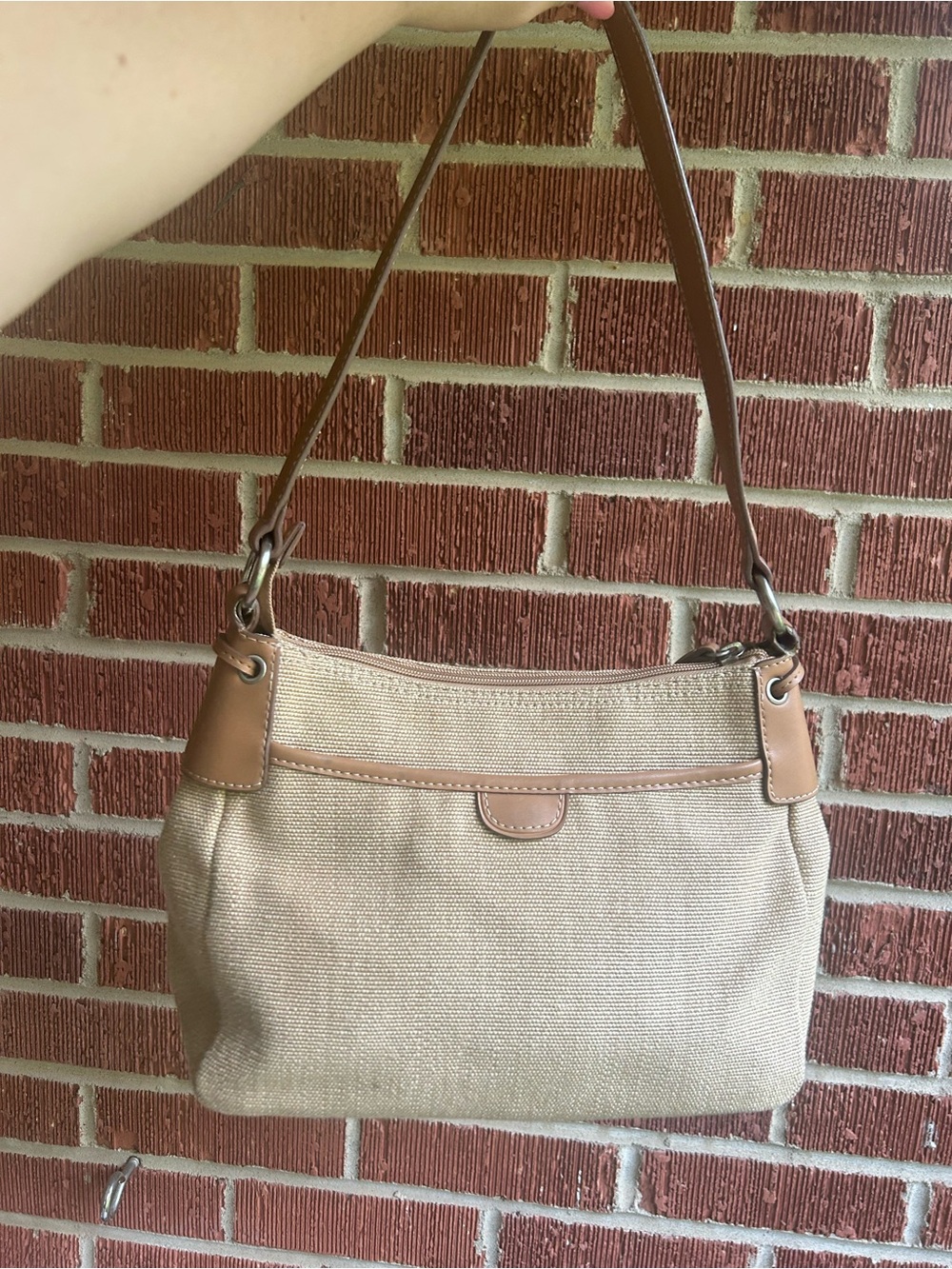 Fossil Woven Canvas Shoulder Bag with Tan Leather Trim